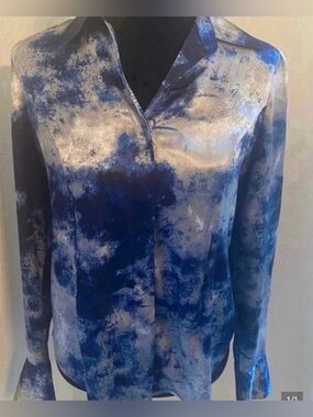 Women’s Blue Marble Print Satin Blouse Jacket (Size M)